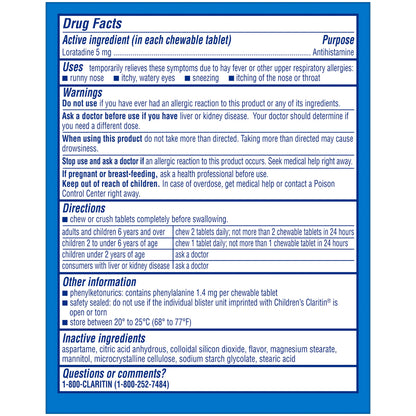 Children's Claritin 24 Hour Non-Drowsy Allergy Relief, Grape Chewable Tablets, Dye-free, 30 Count