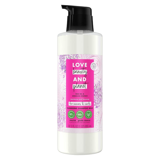 Love Beauty and Planet Shampoo Milk Moisture and Bounce for Waves and Curls Rice Oil and Angelica Essence 100 percent Biodegradable Shampoo 32 oz