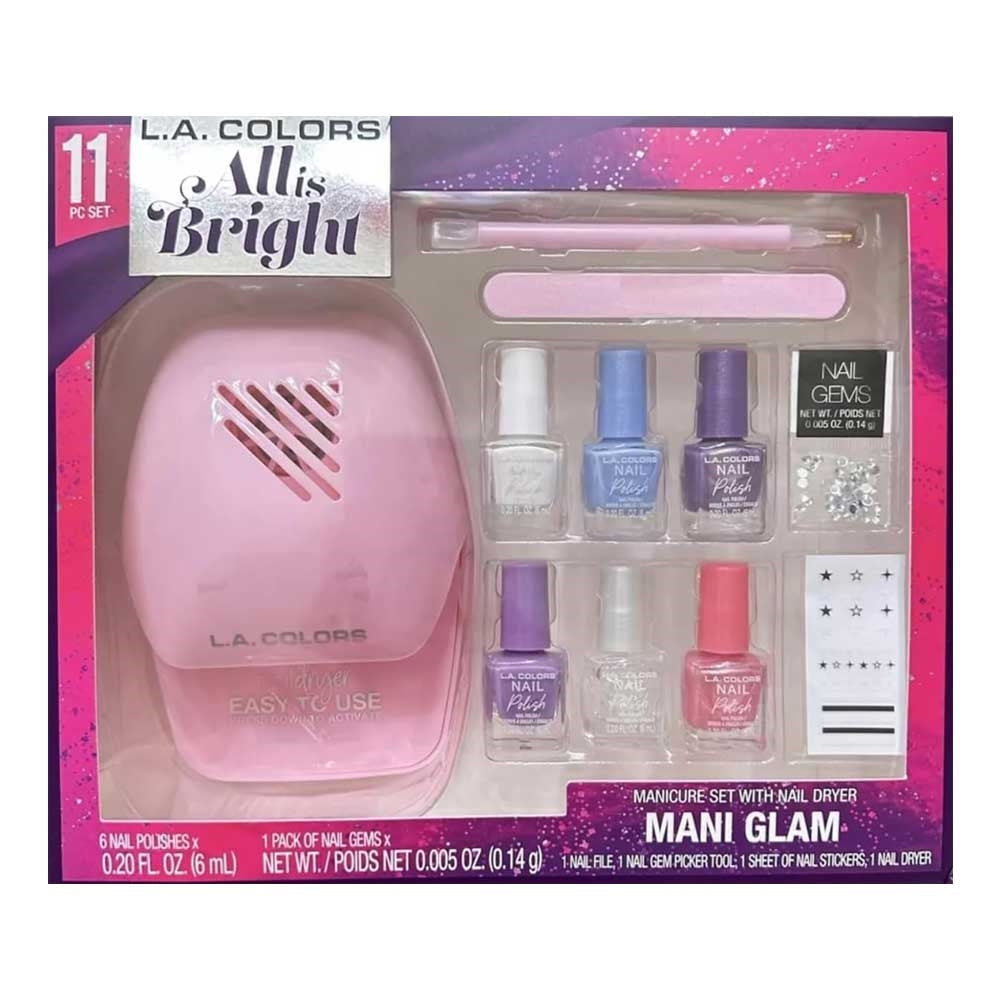 L.A. Colors All Is Bright 11pc Manicure Set With Nail Dryer, Mani Glam