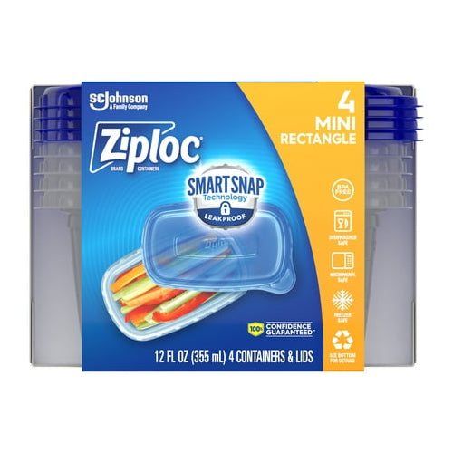 Ziploc® Brand, Food Storage Containers, Smart Snap Technology, Mini Rectangle, 4 ct