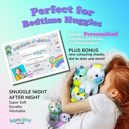 Pomkins Girls Gift Sequins Bag with 5 Plush Stuffed Unicorns and PDF Gift Certificate - Ages 3+