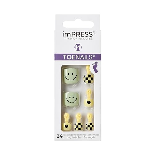 KISS imPRESS No Glue Pedi Press-On Toenails, Green, Smile Face, Yellow Chess, Squoval Shape, Includes 24 Nails, Prep Pad, 1 Manicure Stick, 1 Mini File