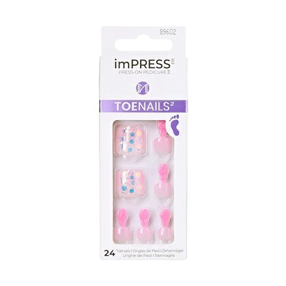 KISS imPRESS No Glue Pedi Press-On Toenails, Light Pink, Glitter, Squoval Shape, Includes 24 Nails, Prep Pad, 1 Manicure Stick, 1 Mini File