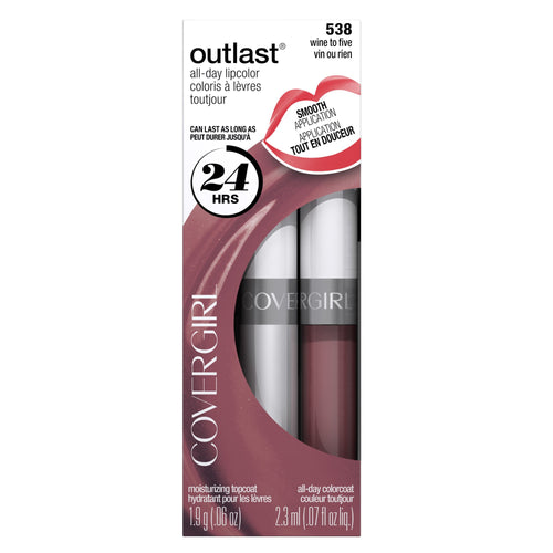 COVERGIRL Outlast All-Day Lip Color Liquid Lipstick And Moisturizing Topcoat, Longwear, Wine To Five, Shiny Lip Gloss, Stays On All Day, Moisturizing Formula, Cruelty Free, Easy Two-Step Process