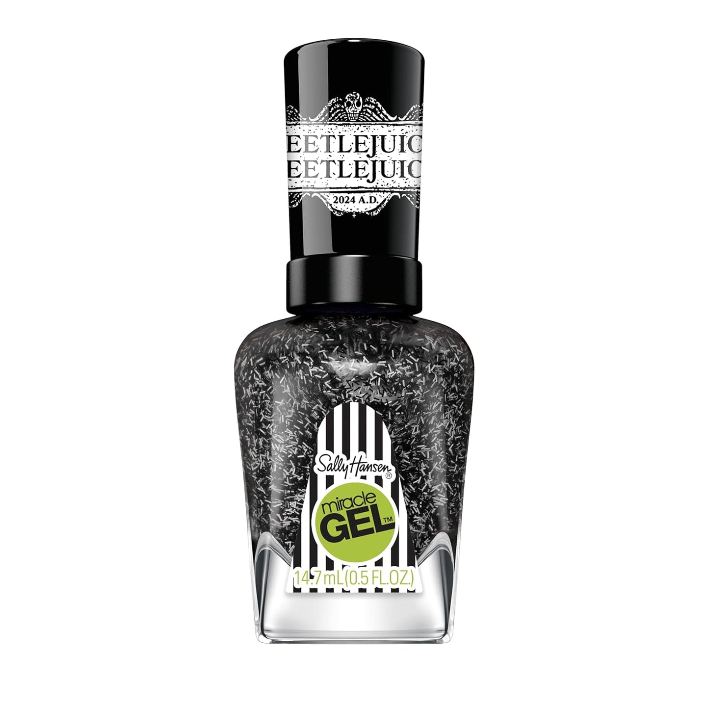 Sally Hansen Miracle Gel Beetlejuice Salon Quality Nail Polish| Gel-Like Formula, Two-Step System, No UV Light Needed, Long Lasting | Opaque, Glittery | 929 Ghost With The Most | Black Nail Polish