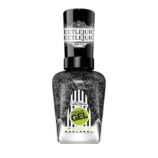 Sally Hansen Miracle Gel Beetlejuice Salon Quality Nail Polish| Gel-Like Formula, Two-Step System, No UV Light Needed, Long Lasting | Opaque, Glittery | 929 Ghost With The Most | Black Nail Polish