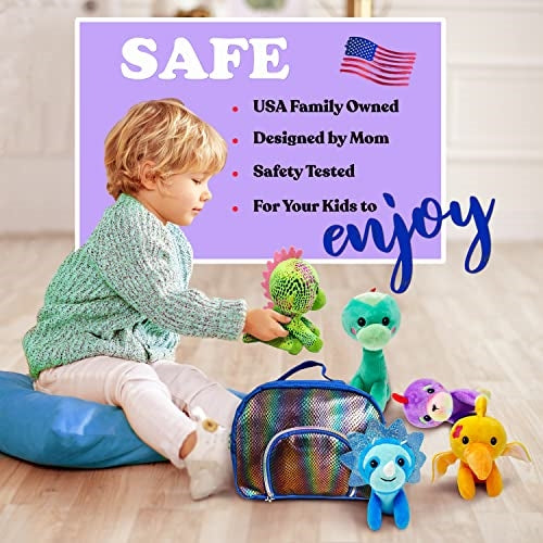 Pomkins Gift Bag with a set of 5 Plush Stuffed Dinosaurs + FREE PDF Gift Certificate - Perfect Unisex Gift for Kids Ages 3+