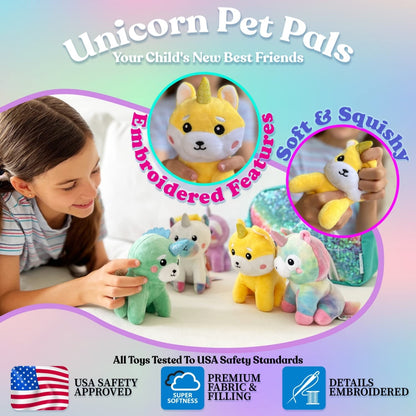 Pomkins Girls Gift Sequins Bag with 5 Plush Stuffed Unicorns and PDF Gift Certificate - Ages 3+