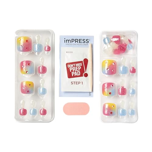 KISS imPRESS No Glue Pedi Press-On Toenails, Rainbow color with Rhinestone, Pink, Light Blue, Glitter, Squoval Shape, Includes 24 Nails, Prep Pad, 1 Manicure Stick, 1 Mini File