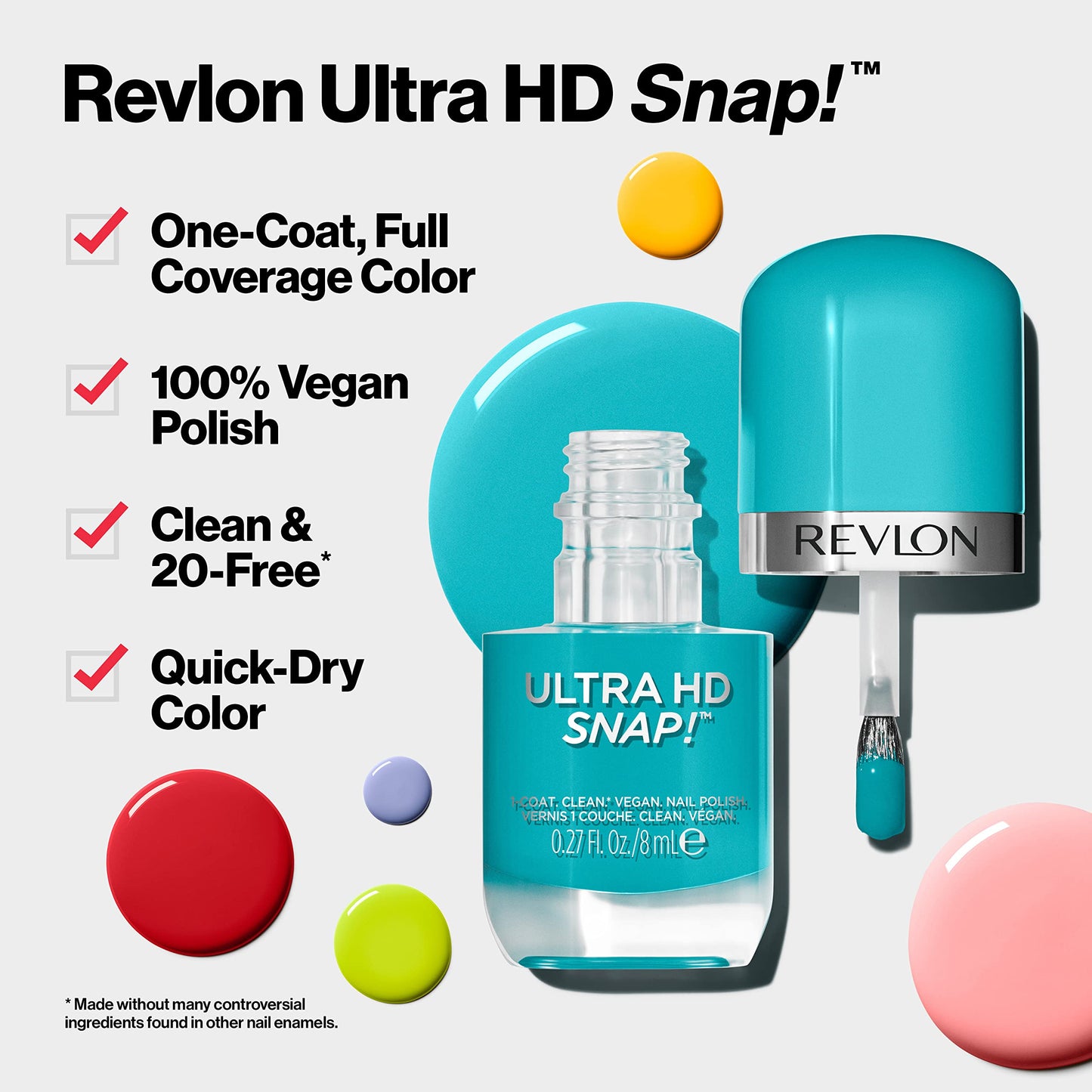 REVLON Ultra HD Snap Nail Polish, Glossy Nail Color, 100% Vegan Formula, No Base and Top Coat Needed, 018 Keep Cool, 0.27 fl. Oz.