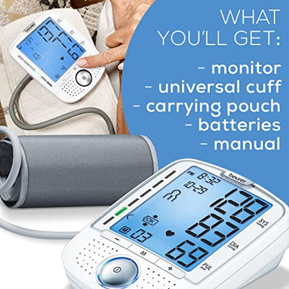 Beurer BM50 Talking Upper Arm Blood Pressure Monitor - Accurate, Digital Machine with Automatic Cuff for Home Use, Arrhythmia Detection, Batteries and Carrying Case Included