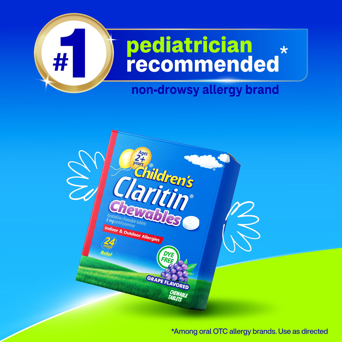 Children's Claritin 24 Hour Non-Drowsy Allergy Relief, Grape Chewable Tablets, Dye-free, 30 Count