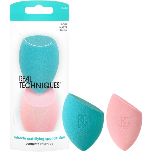 Real Techniques Miracle Mattifying Makeup Sponge Duo, Matte Finish, Cloud Skin, Full Coverage Foundation & Powder Makeup Blending Sponges for Oily Skin, Cruelty & Latex-Free Foam, 2 Count