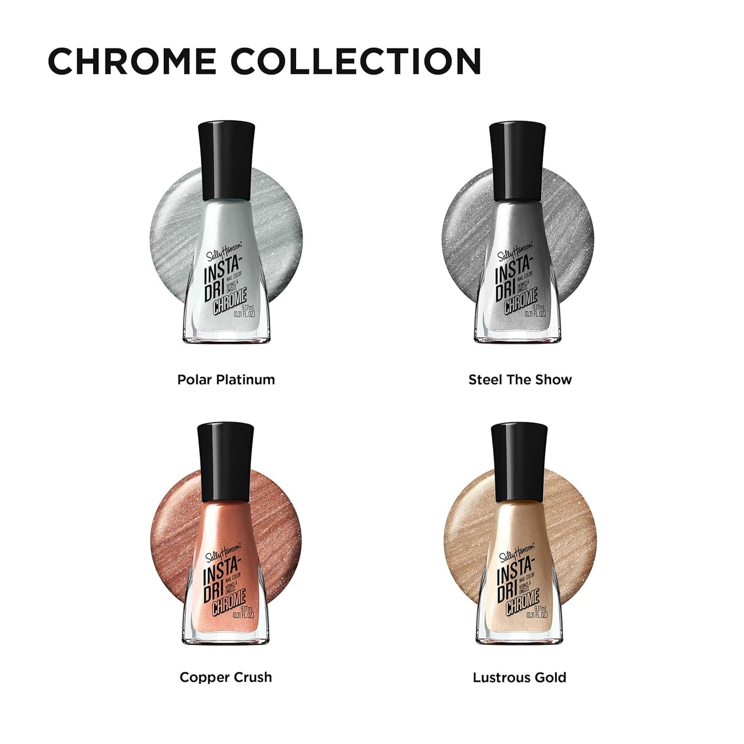 Sally Hansen Insta-Dri Nail Polish Chrome Top Coat | Quick Dry, Long Lasting, Streak-Free Shine, Opaque | Steel the Show | Metallic Silver Nail Polish