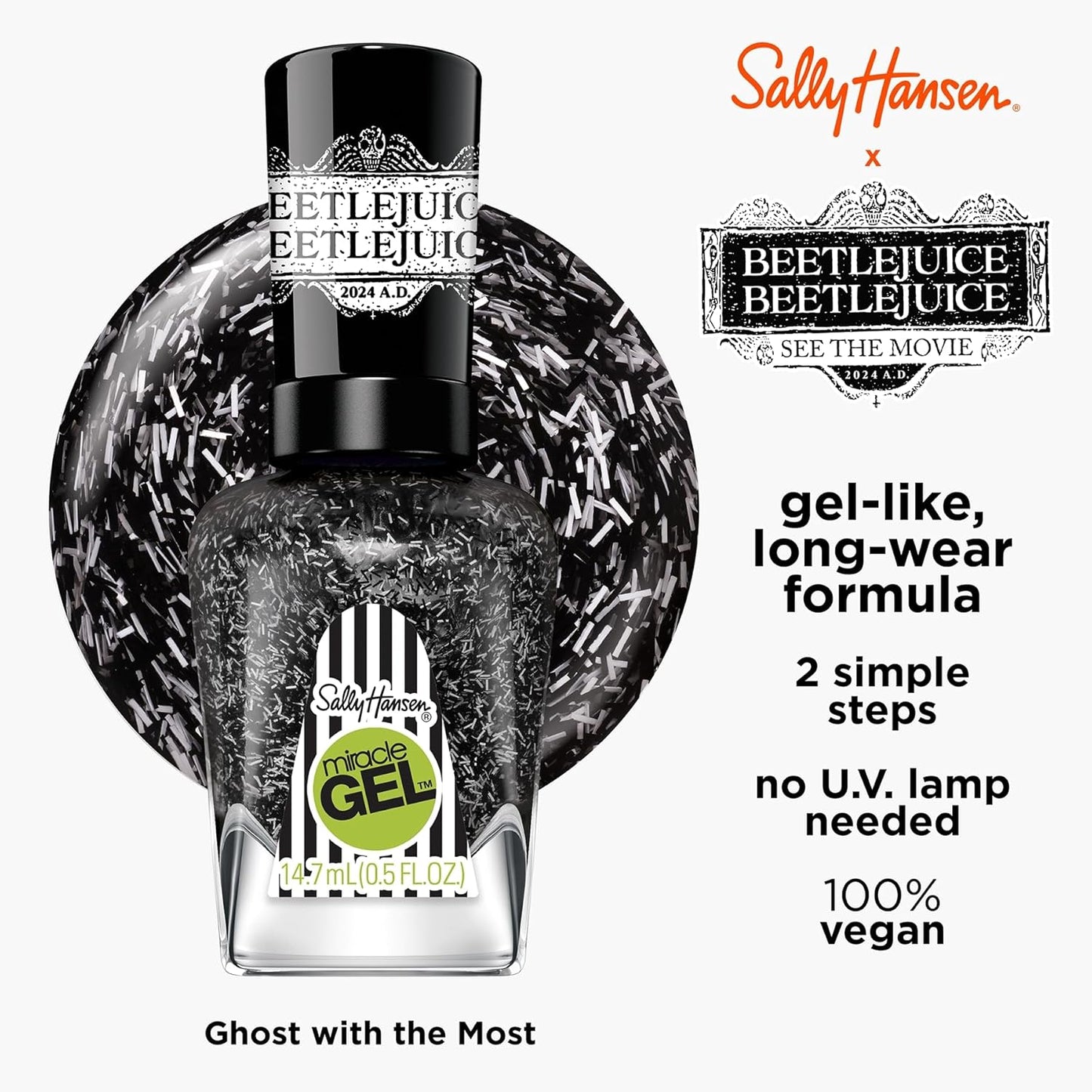 Sally Hansen Miracle Gel Beetlejuice Salon Quality Nail Polish| Gel-Like Formula, Two-Step System, No UV Light Needed, Long Lasting | Opaque, Glittery | 929 Ghost With The Most | Black Nail Polish