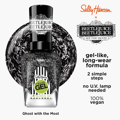 Sally Hansen Miracle Gel Beetlejuice Salon Quality Nail Polish| Gel-Like Formula, Two-Step System, No UV Light Needed, Long Lasting | Opaque, Glittery | 929 Ghost With The Most | Black Nail Polish