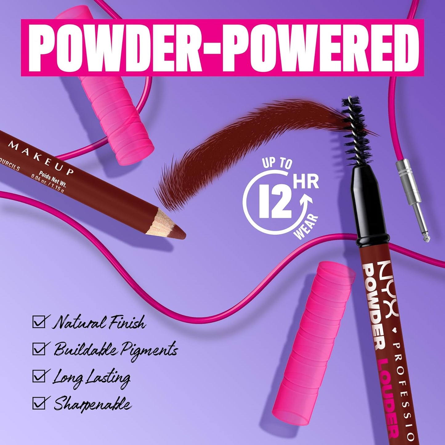 NYX PROFESSIONAL MAKEUP Powder Louder Eyebrow Pencil, Brow Pencil with Buildable Volume For Up To 12HR Wear, Vegan Formula - Black Cherry