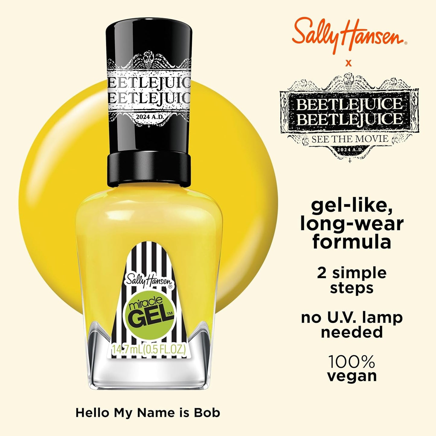Sally Hansen Miracle Gel Beetlejuice Salon Quality Nail Polish | Gel-Like Formula, Two-Step System, No UV Light Needed, Long Lasting | Opaque | 932 Hello My Name Is Bob | Bright Yellow Nail Color