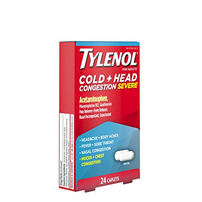 Tylenol Cold + Head Congestion Severe Medicine Caplets for Fever, Pain, and Congestion, Acetaminophen Pain Reliever, Fever Reducer, 24 Count