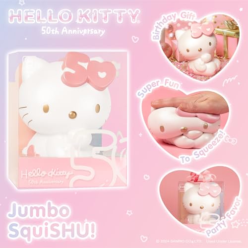 Hamee Sanrio Hello Kitty 50th Anniversary Jumbo Squishy Toy Limited Edition Collectible Slow Rising Cute SquiSHU Pearl Finish Birthday Gift, Party Favors, Stress Relief – Hello Kitty (Pink Bow)