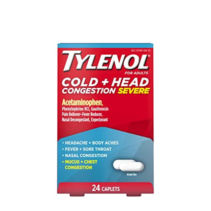 Tylenol Cold + Head Congestion Severe Medicine Caplets for Fever, Pain, and Congestion, Acetaminophen Pain Reliever, Fever Reducer, 24 Count