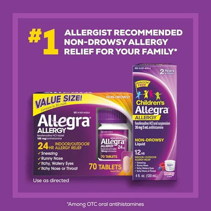 Allegra Adult 24HR Non-Drowsy Antihistamine, 70 Tablets, Fast-acting Allergy Symptom Relief, 180 mg