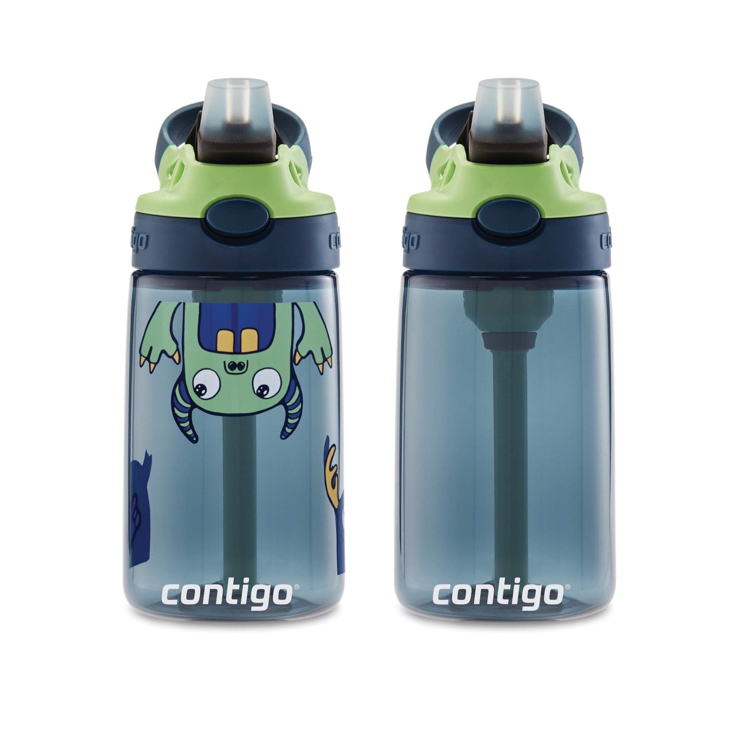 Contigo Aubrey Kids Cleanable Water Bottle with Silicone Straw and Spill-Proof Lid, Blueberry & Monsters, 14 Ounce, 2-Pack