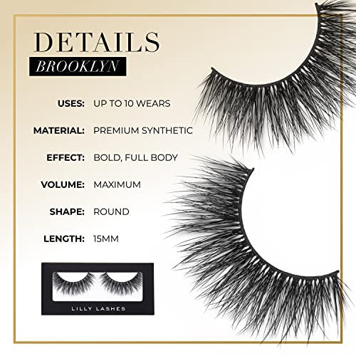 Lilly Lashes Premium Synthetic Lashes Brooklyn | Fake Eyelashes Natural Look | Bold Full Bodied Look | False Lashes | Vegan Strip Lash | Reusable Up to 10 Wears | 15mm