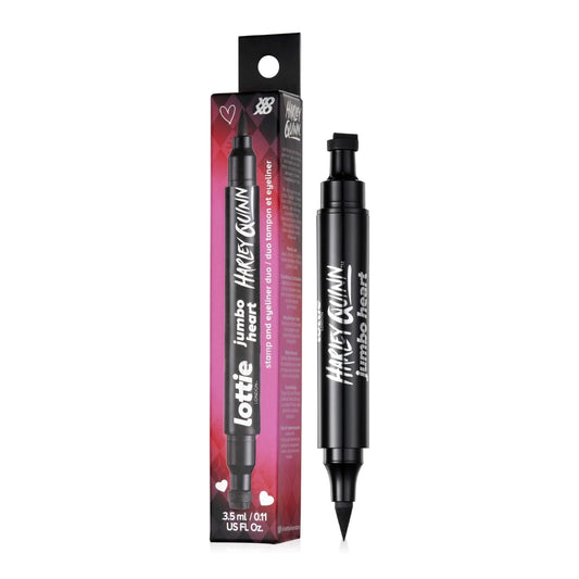 Lottie London x Harley Quinn Jumbo Heart Stamp Liner, Double Ended Black Eyeliner, Heart Stamp and Pointed End Pen for Playful & Bold Designs