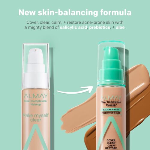 Almay Clear Complexion Foundation Makeup, Hypoallergenic, 800 Caramel, 1 fl oz