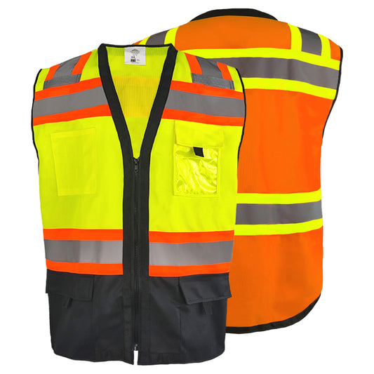 Kasa Style Class 2 High Visibility Safety Unisex Vest Durable Hi Vis Gear 8 Pockets, Reflective Stripes Construction, Night Work Outdoor Sizes M to 7X