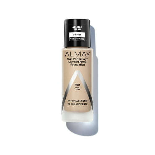 Almay Skin Perfecting Comfort Mattte Foundation Makeup, Hypoallergenic, 100 Cool Ivory, 1 fl oz