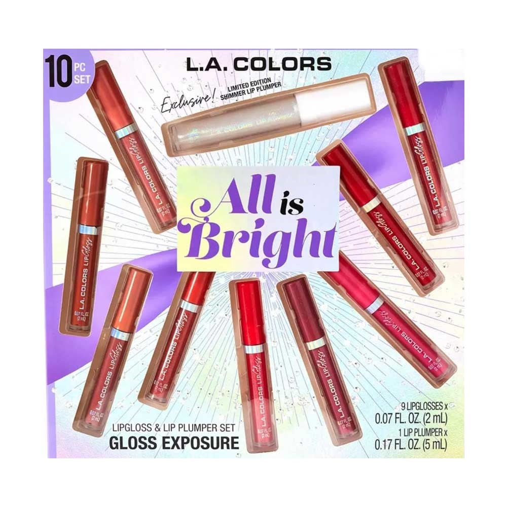 L.A. COLORS All Is Bright 10pc Lipgloss & Lip Plumper Set, Excluxive Limited Edition Shimmer Plumper, Gloss Exposure