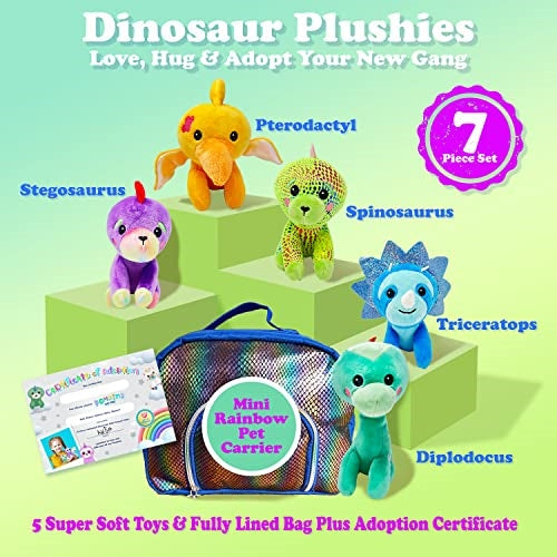 Pomkins Gift Bag with a set of 5 Plush Stuffed Dinosaurs + FREE PDF Gift Certificate - Perfect Unisex Gift for Kids Ages 3+