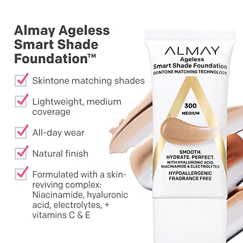 Almay Anti-Aging Foundation, Smart Shade Face Makeup with Hyaluronic Acid, Niacinamide, Vitamin C & E, Hypoallergenic-Fragrance Free, 800 Deep, 1 Fl Oz (Pack of 1)