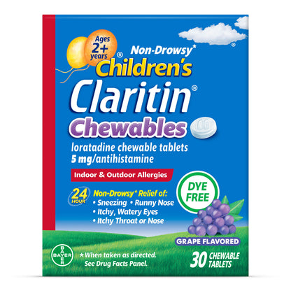 Children's Claritin 24 Hour Non-Drowsy Allergy Relief, Grape Chewable Tablets, Dye-free, 30 Count