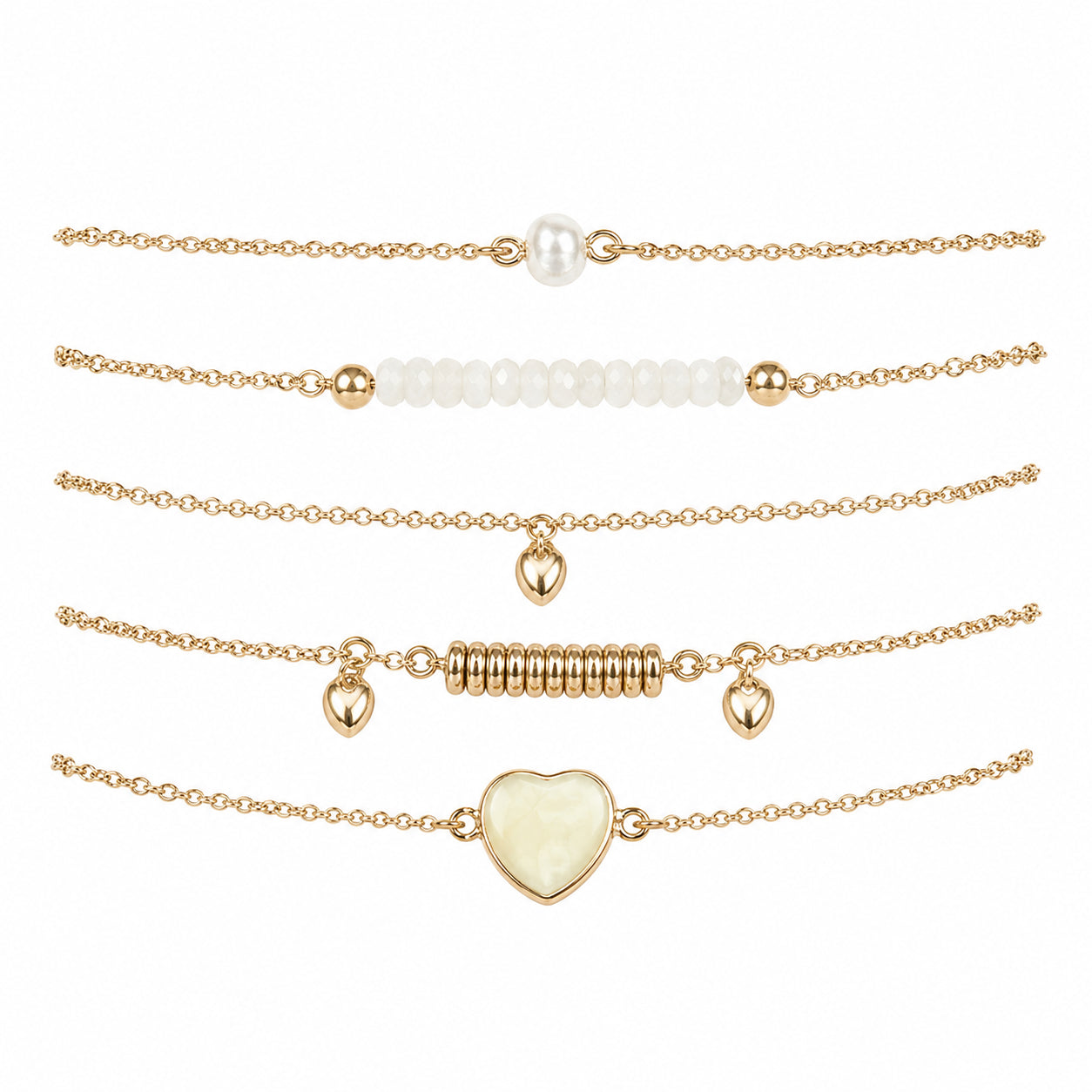 Set of 5 Gold White Layered Bracelets Heart Charm Pearl Beaded Jewelry for Women