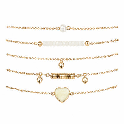 Set of 5 Gold White Layered Bracelets Heart Charm Pearl Beaded Jewelry for Women