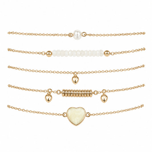 Set of 5 Gold White Layered Bracelets Heart Charm Pearl Beaded Jewelry for Women