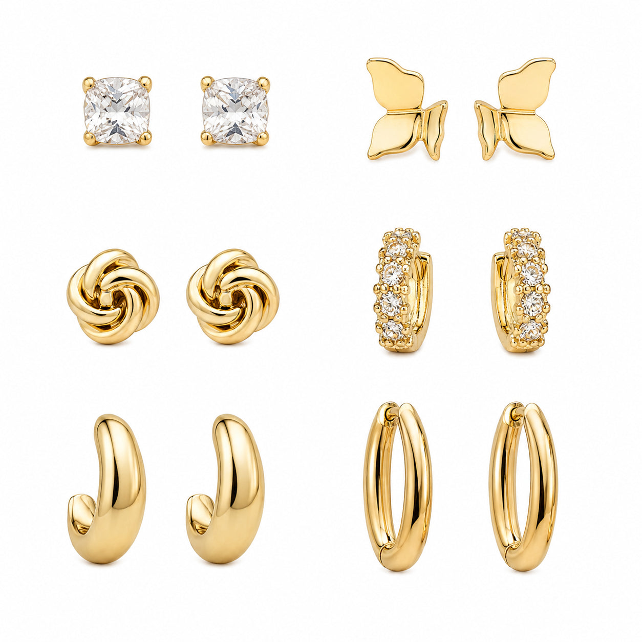 Fabulous Diamonds 6-Pair Earring Set - Gold Tone Hoops, Studs, Butterflies & Knots