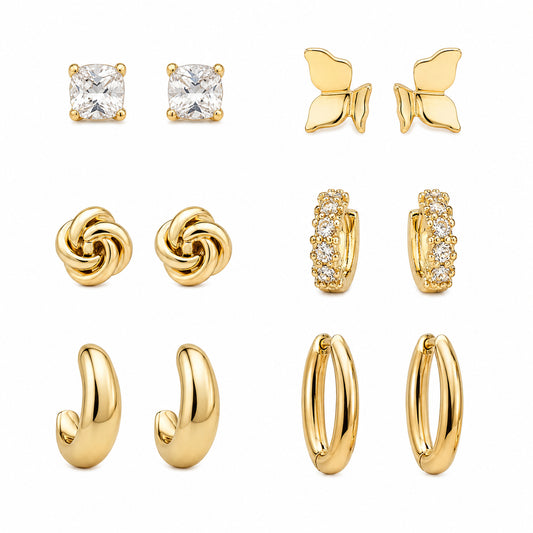 Fabulous Diamonds 6-Pair Earring Set - Gold Tone Hoops, Studs, Butterflies & Knots