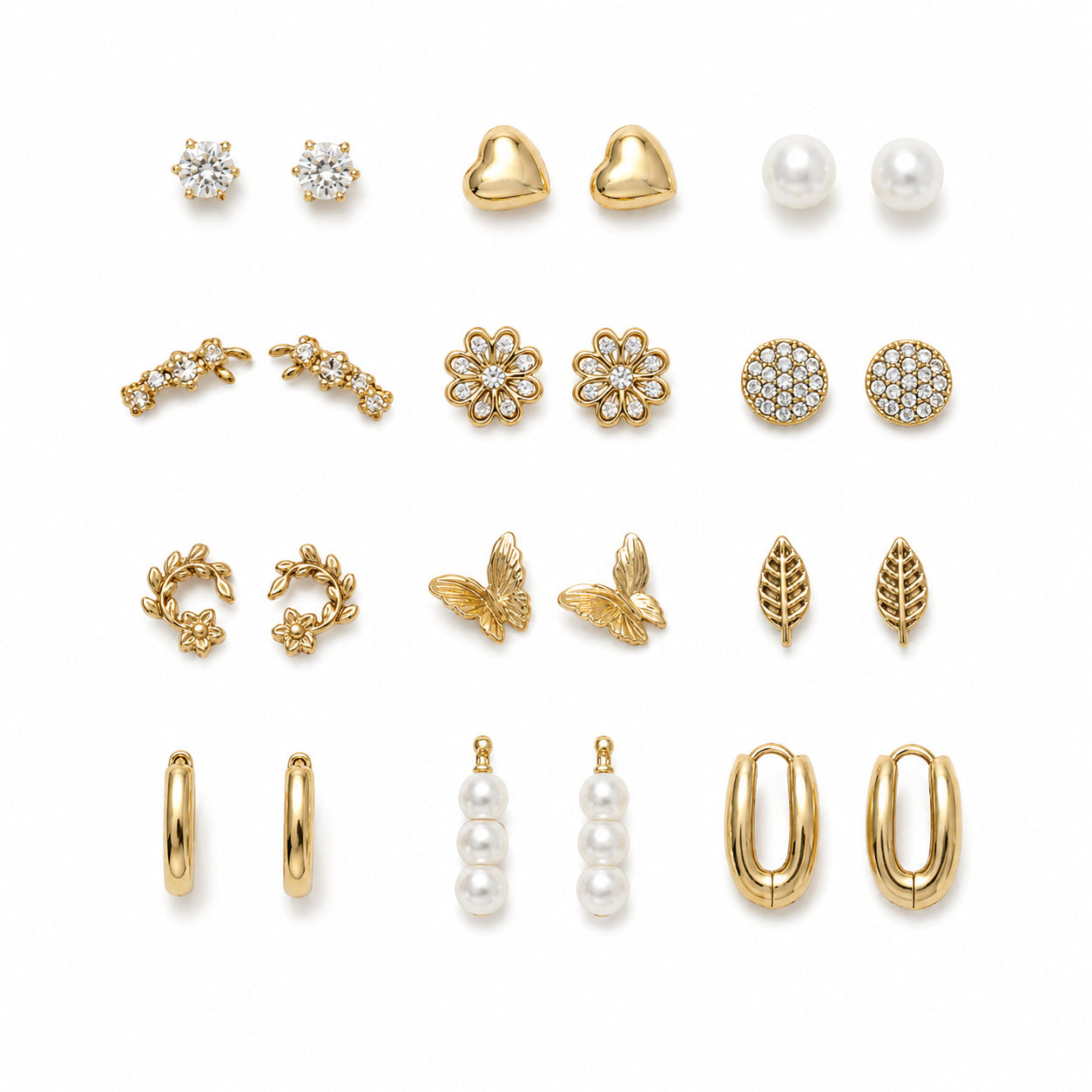 Kasa Style 12 Pairs Gold Pearls Diamonds Earrings- Aros, Fashion Jewelery