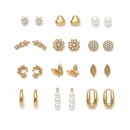 Kasa Style 12 Pairs Gold Pearls Diamonds Earrings- Aros, Fashion Jewelery