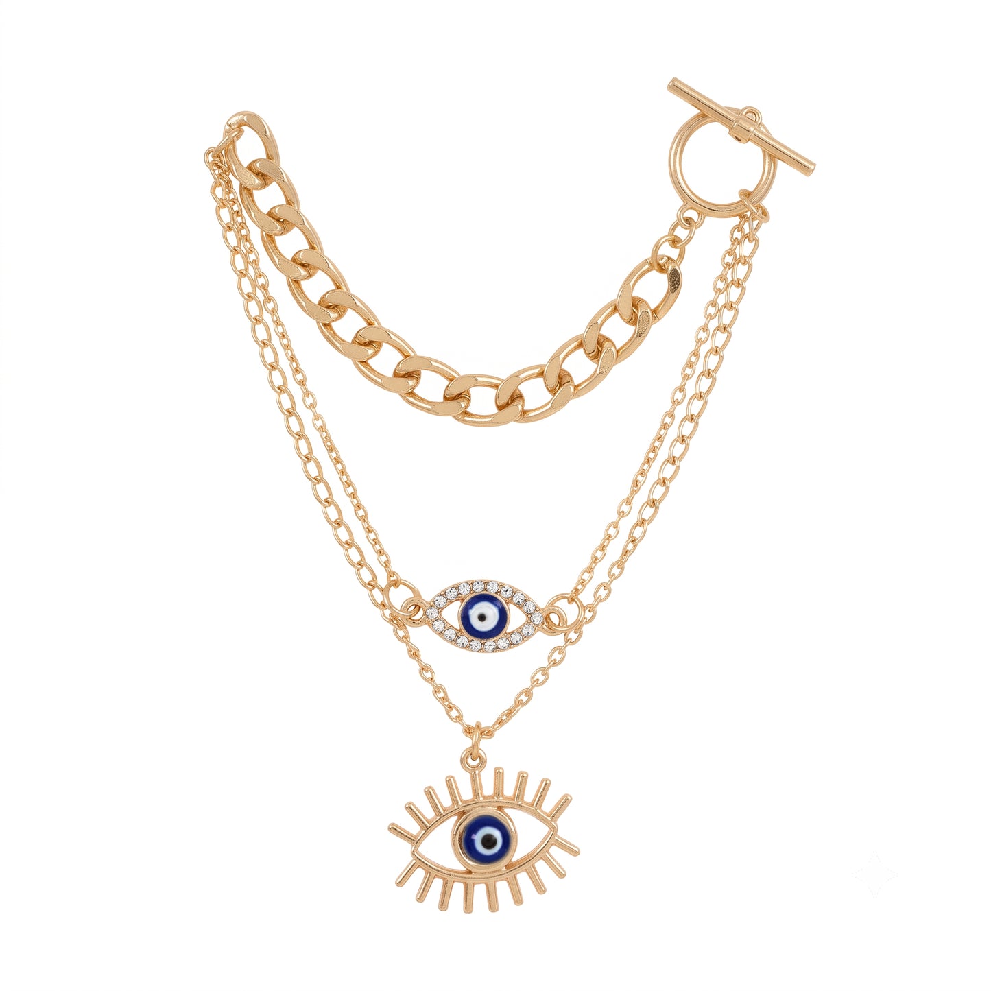 Evil Eye 3-Layer Gold Necklace Set Triple Tier Protection Jewelry Curb Chain