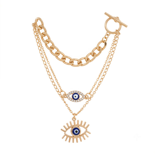 Evil Eye 3-Layer Gold Necklace Set Triple Tier Protection Jewelry Curb Chain