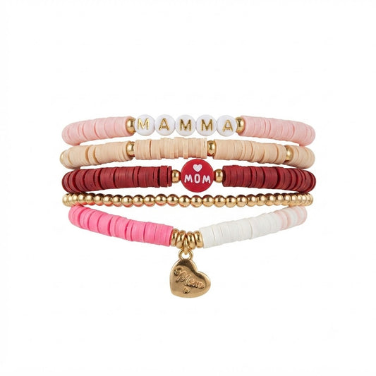 5pc Creative Home Mama Mom Heishi Bead Bracelet Stack Pink Gold Heart Charm Set