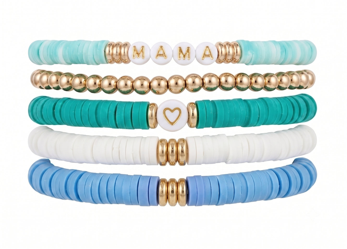 5pc Mama Bracelet Set Teal Turquoise Gold Bead Fabulous Diamonds Gift Jewelry