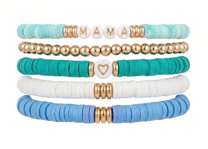 5pc Mama Bracelet Set Teal Turquoise Gold Bead Fabulous Diamonds Gift Jewelry