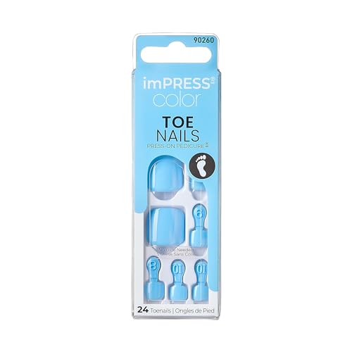 KISS imPRESS Color No Glue Pedi Press-On Toenails, Light Bule, Squoval Shape, Includes 24 Nails, Prep Pad, 1 Manicure Stick, 1 Mini File