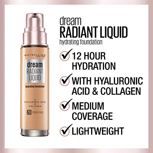 Maybelline Dream Radiant Liquid Medium Coverage Hydrating Makeup, Lightweight Liquid Foundation, Cocoa, 1 Count